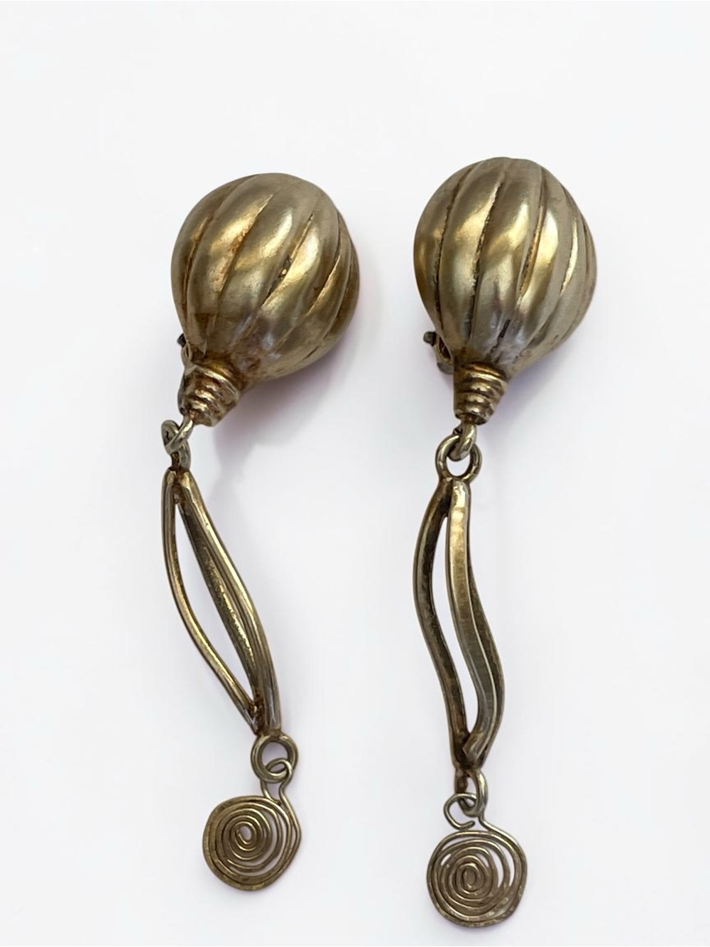 Vintage Moulage Modele Sterling Silver Gold Vermeil Statement Drop Clip Earrings
